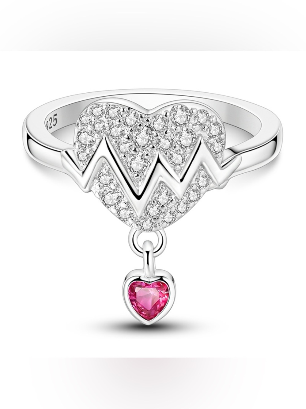 925 Sterling Silver Sparkling Heartbeat Ring with Pink Heart
